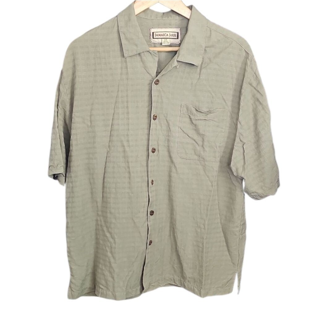 Jamaica Jaxx 100% Silk Camp Shirt Men’s L Olive Coastal Resort Travel Button Up